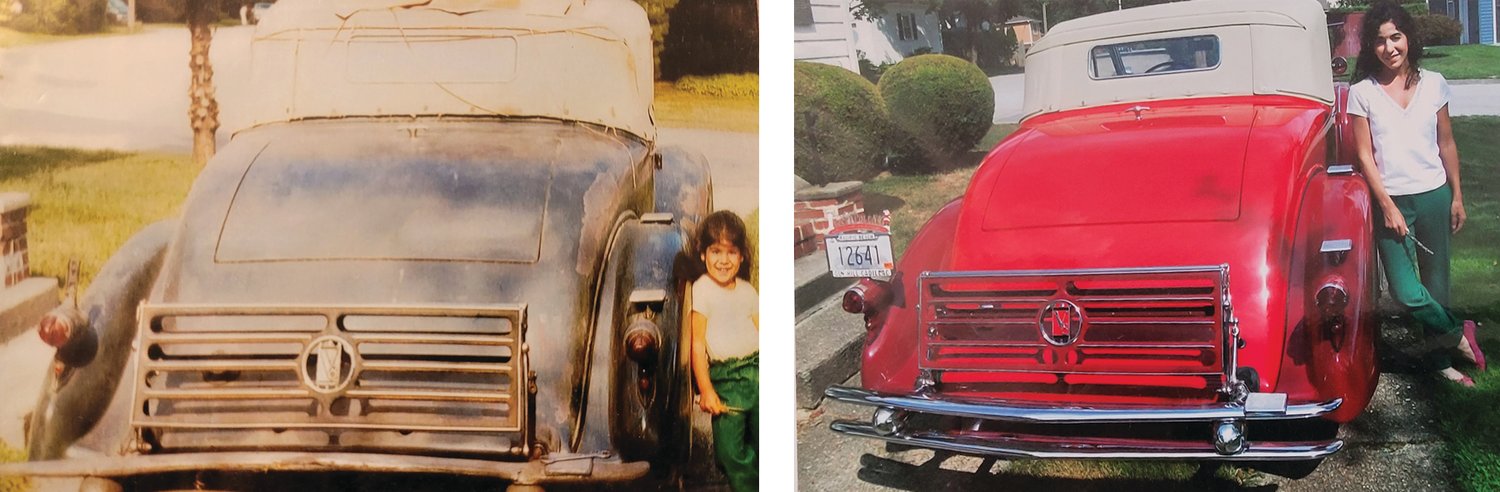 PAST & PRESENT: John Ricci’s daughter Jennifer stands with his beloved 1934 Cadillac as a child during the 1970s (left) and as an adult, after it was restored in 2017 (right).